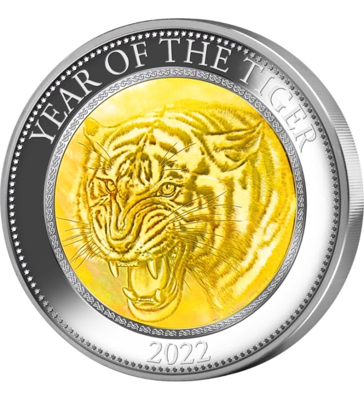 25$ Year of the Tiger Mother of Pearl 5 oz Ag 999 2022 Cook Island 25$ Year of the Tiger Mother of Pearl 5 oz Ag 999 2022 Cook Island