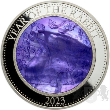 25$ Lunar Year of the Rabbit - Mother of Pearl 5 oz Ag 999 2023 Cook Island