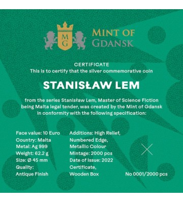 10€ Stanisław Lem, Mistrz Fantastyki 2 oz Ag 999 2022